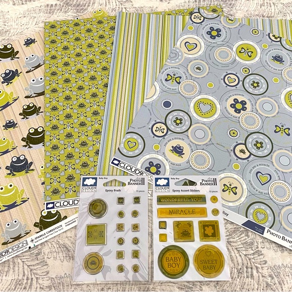 🐸 CLOUD 9 DESIGN “BABY BOY FROGS” STICKERS & SCRAPBOOK PAPER BUNDLE. RETIRED! - Picture 1 of 7